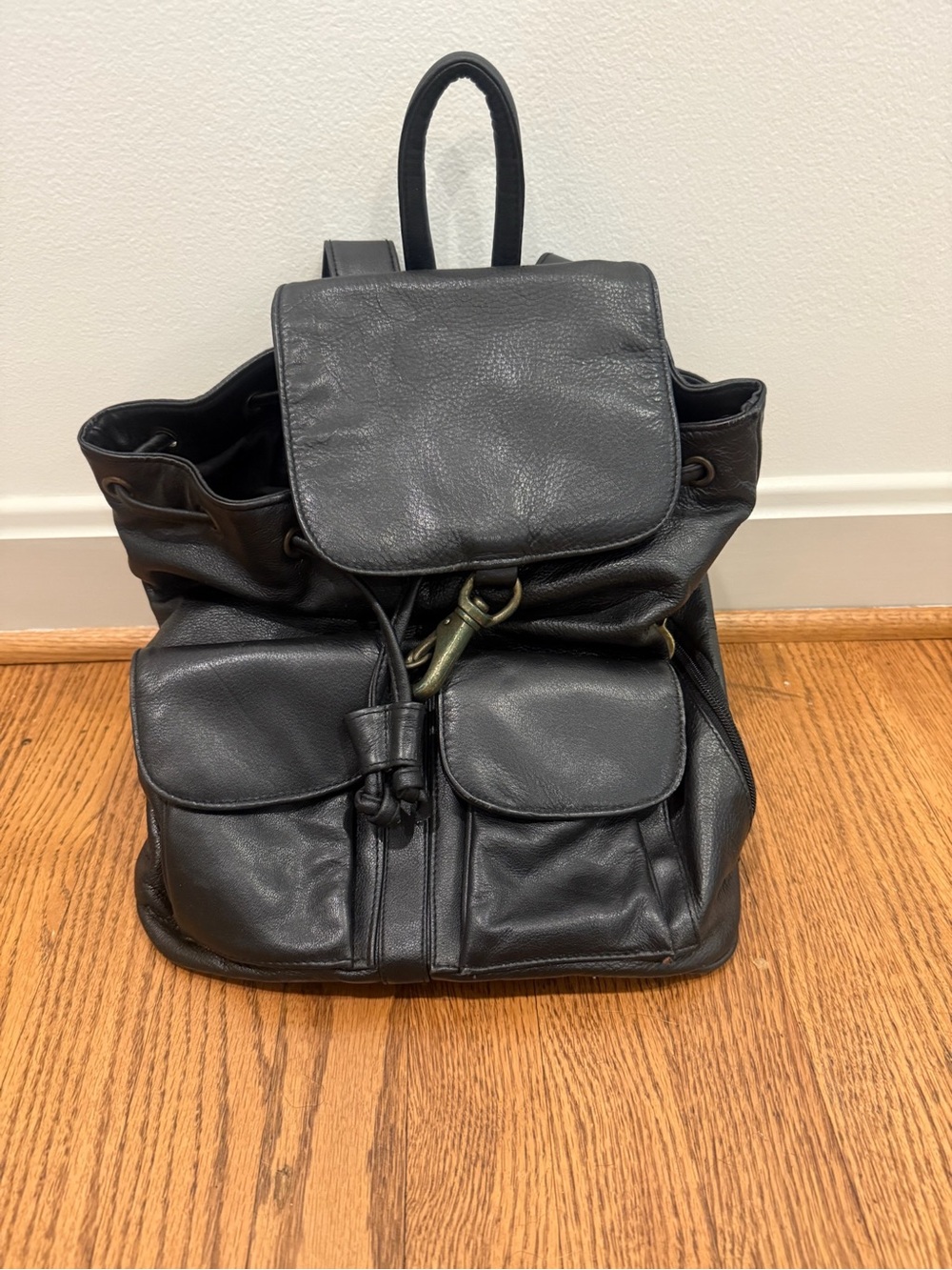 Black Leather Drawstring Backpack - Stylish Everyday Men’s Bag